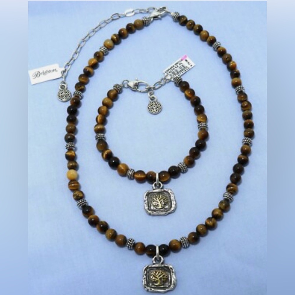 Brighton FERRARA VIRTUE OAK TREE NWT $190 Tiger Eye Beaded Necklace Bracelet Set